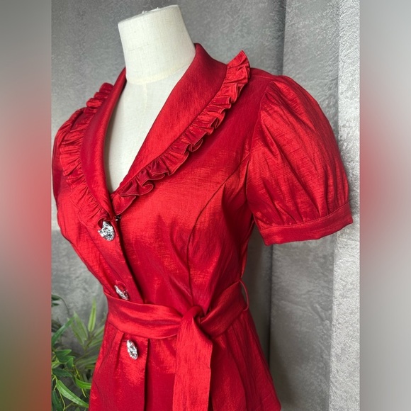 Cachet Women’s Vintage Rhinestone Button Belted Blouse Red Sz 6 Petite - Picture 4 of 9